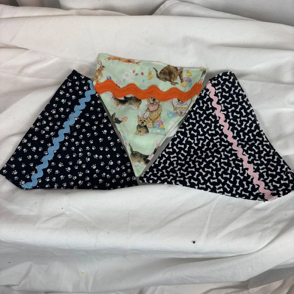 Handmade Dog Bandana Set of 3 Easter Dogs Paw &‎ Bone Print Rickrack Trim
